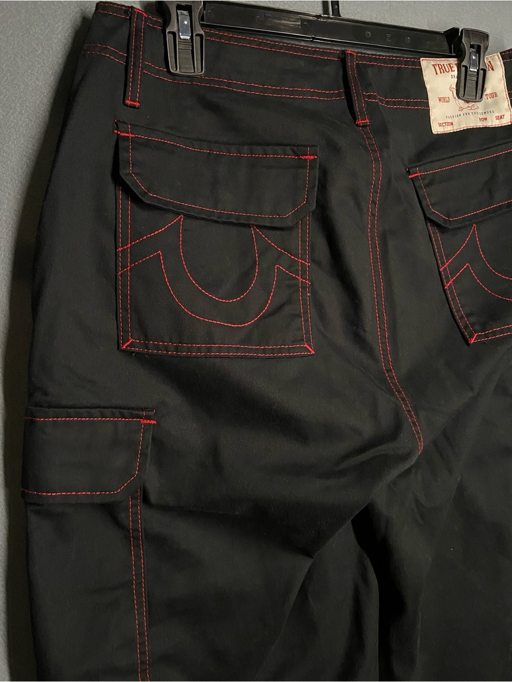 True Religion Black Cargo Pants with Red Contrast Stitching